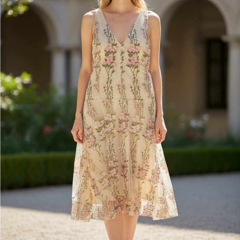 Elegant Floral Embroidered Midi Dress